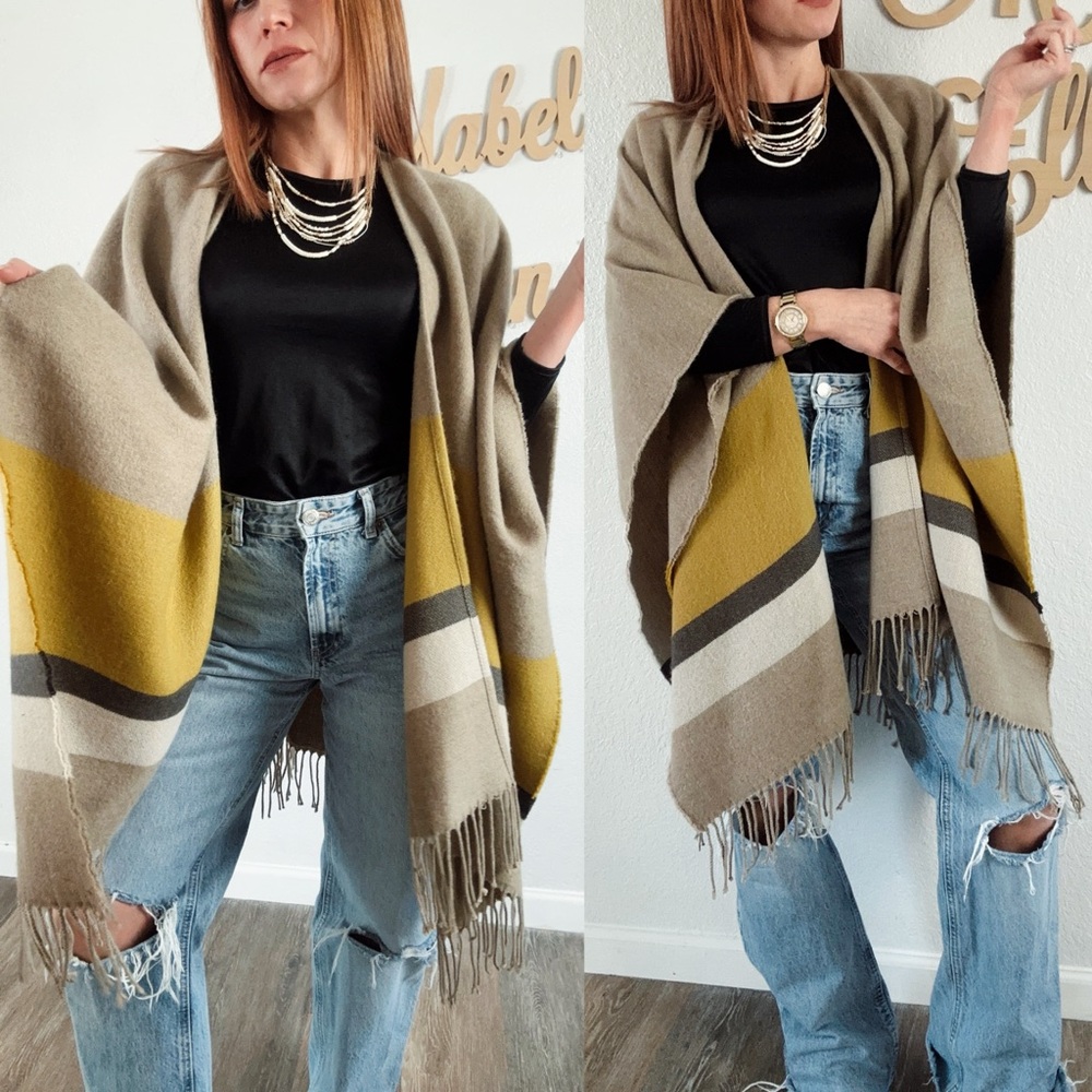 CAbi travel fringe striped Tan and Yellow Poncho Sweater size S/XS